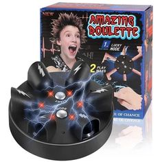 an image of a boy playing with the amazing rouleette game system in front of a box