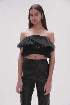 Elsie Pleated Bustier | Black | Aje – Aje ROW Fitted Crop Top With Boned Bodice, Evening Organza Top With Ruffles, Evening Ruffled Organza Top, Fitted Cropped Crop Top With Boned Bodice, Cropped Tops With Boned Bodice For Night Out, Chic Organza Tops For Evening, Party Crop Top With Boned Bodice, Sheer Cropped Top For Night Out, Chic Organza Tops For Party