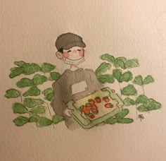 a drawing of a man holding a tray of vegetables