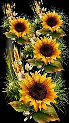 sunflowers and other flowers on a black background