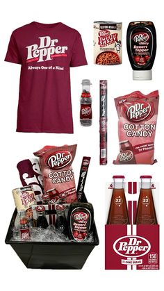 various items are arranged in the shape of a gift basket, including t - shirt and soda