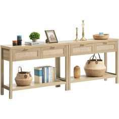 two wooden tables with baskets on top and bookshelves below each shelf in front of them