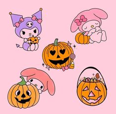 four pumpkins with cartoon characters on them, one is holding a stuffed animal and the other two are wearing bunny ears