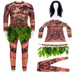 a mannequin wearing an orange and black bodysuit with plants growing out of it