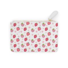 Strawberries and Daisies Mini Clutch Bag - Bags - Kristine Celestine Cute White Bag With Zipper Pouch, Cute White Rectangular Pouch, Cute Travel Bag With Card Slots, Cute White Rectangular Wallet, Trendy White Zipper Pouch, White Shoulder Bag With Zipper Pouch For Gift, White Shoulder Bag With Zipper Pouch As Gift, White Pencil Case With Removable Pouch, White Coin Purse With Removable Pouch