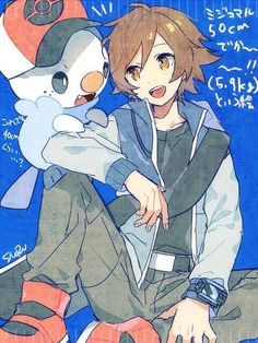 an anime character sitting next to a stuffed animal