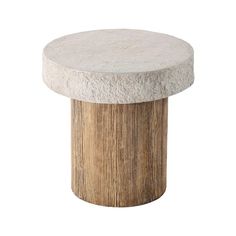 a white marble and wood stool with a wooden base on an isolated white background for use as a side table