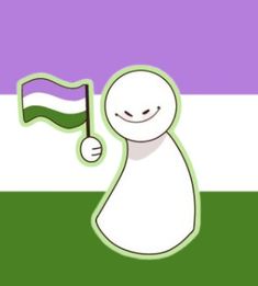 a cartoon character holding a flag in front of a purple and green background