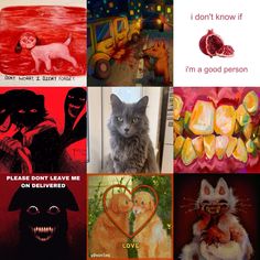 a collage of pictures with cats, dogs, and pomegranates