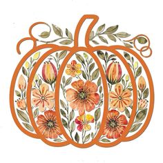 an orange pumpkin with flowers and leaves painted on it