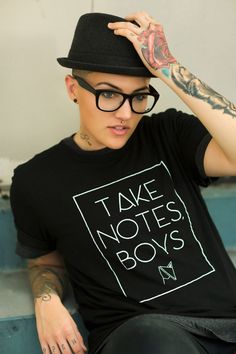 Brook modeling black crew neck "take notes boys" t-shirt by Androgynous Fox. Androgynous Women, Tomboy Femme, Fox Clothing, Gender Neutral Style, Androgynous Outfits, Lesbian Fashion, Lesbian Art, Queer Fashion, Long Sleeve And Shorts