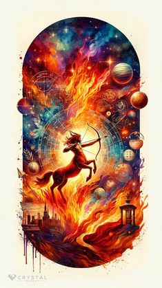 a painting of a horse with fire and planets in the background