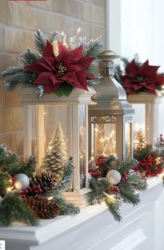 christmas decorations are displayed on the mantle in front of a fire place with lights and poinsettis