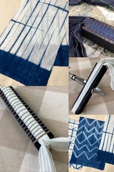 four different photographs of blue and white cloths on a table with an open notebook next to them