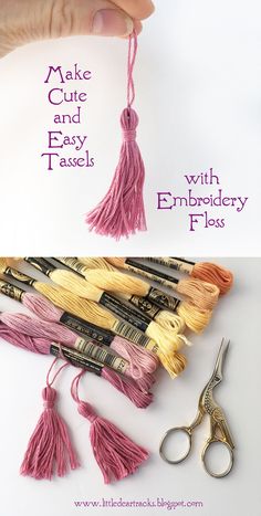 scissors, thread, and other crafting supplies laid out on a white surface with the words make cute and easy tassels