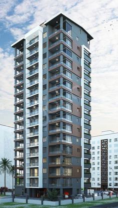 an artist's rendering of a tall building with balconies