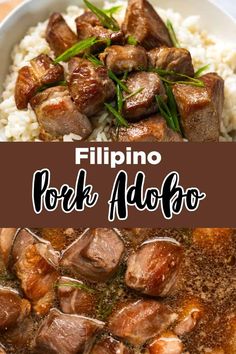 this is an image of pork adobo with rice