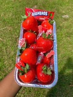 a person holding up a plastic container filled with strawberries on top of green grass