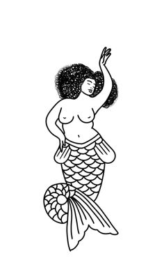 a black and white drawing of a woman in a mermaid costume with her arms up