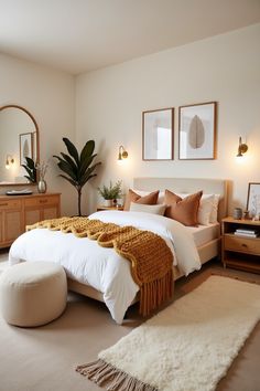 A warm and inviting bedroom with earthy tones, cozy textures, and natural decor elements. Perfect for a minimalist style that feels both modern and serene. #CozyBedroom #MinimalistDecor #BedroomInspo #EarthToneDecor #ModernHome Warm And Minimalist Bedroom, Light Cream Bedroom Walls, Modern Indie Bedroom, Minimal Organic Bedroom, Bedroom Comfy Aesthetic, Minimalist Cozy Bedroom Ideas, Boho Chic Guest Bedroom, Earth Tone Modern Bedroom, Earth Tone Minimalist Bedroom