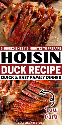 the recipe for hoisin duck recipe is shown in red and white with text overlay