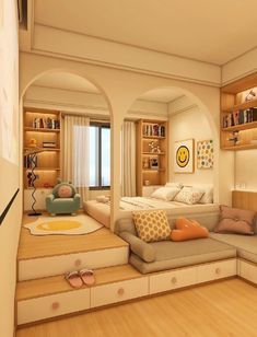 an artist's rendering of a living room with built - in bookshelves