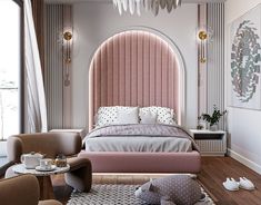 a bedroom decorated in pink and white with an arched headboard over the bed, two chairs