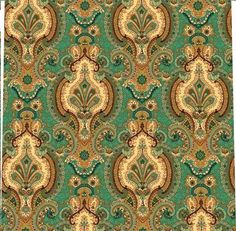 a green and brown wallpaper with an ornate design