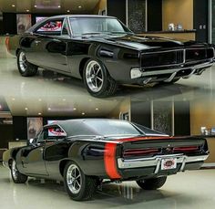 an old muscle car is shown in three different pictures