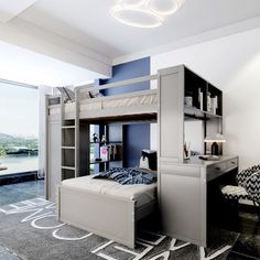 a bedroom with a bunk bed, desk and chair next to a large open window