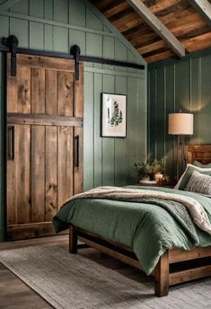 a bed in a bedroom with green walls and wooden furniture, along with a rug on the floor