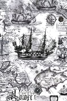 a black and white drawing of ships on a map with other things in the background