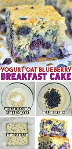 Close-up of a slice of yogurt oat blueberry breakfast cake, showing ingredients and baking steps. Blueberry Greek Yogurt Cake, Easy Breakfast Berry Yogurt Bake, Blueberry Yogurt Cake Recipes, Toddler Breakfast Ideas, Dish Cooking Blueberry Breakfast Cake, Healthy Yogurt Oat Blueberry Breakfast Cake, Breakfast Cake Healthy, Diet Cake, Carrot Cake Oatmeal