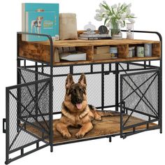 a large dog laying on top of a wooden table next to a metal caged desk