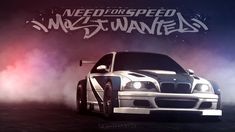 a white car driving on top of a foggy road with the words need for speed most wanted