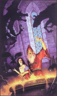 the wizard and his daughter are in front of a castle with dragon's flying around