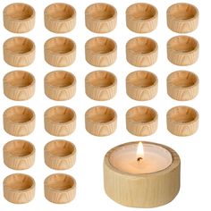 a wooden candle holder with twelve candles in it and eight smaller ones on the side