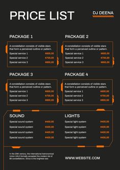 an orange and black price list with the words price list written below it in white