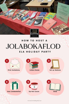 a table with books on it and the text how to host a jolaboakaflod ela holiday party