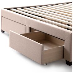 a bed frame with two drawers on each side and an open drawer underneath the bed