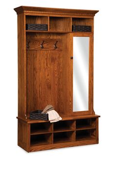 a wooden bench with mirror and coat rack