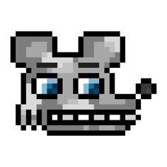 an image of a pixel art mouse with blue eyes and mouth wide open, on a white background