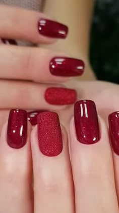 Red Nails With One Glitter Nail, Red Fingernail Designs, Red Dip Nails Design, Classy Christmas Nails Short Red, Simple Red Nail Designs Classy, Red Bridal Nails Wedding, Nail Art Wedding Elegant Red, Red Gel Nails Ideas, Christmas Nails Simple Classy Red