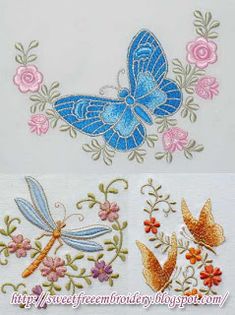 two pictures of flowers and dragonflies on white fabric, one with blue wings the other with pink roses