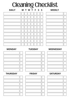 the cleaning checklist is shown in black and white, with daily tasks on it