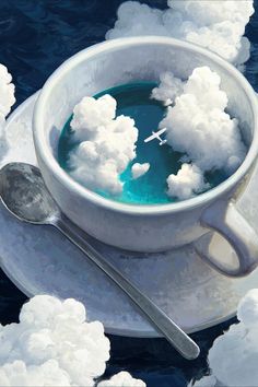 a painting of clouds in a cup and spoon on a plate next to the water