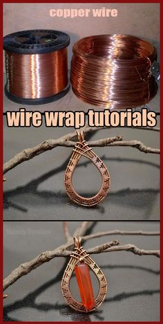 two pictures showing how to make wire wrapped necklaces with copper and copper wires on them