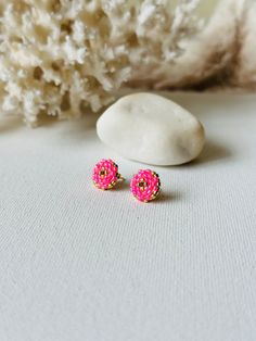 Make your everyday outfit more shiny wearing these pink/ gold beaded post earrings. These statement stud earrings are made from Miyuki Delica seed beads and supplied with stainless steel accessories. So lightweight and comfortable to wear, these dainty beaded studs would be the perfect adornment for holiday look. If you're looking for delicate seed bead earrings for special occassion, this pair is a great finding for you. Also, these minimalist earrings are making a great Christmas gift for bohe Pink Round Earrings With Tiny Beads, Pink Earrings With Tiny Beads, Pink Earrings With Colorful Beads For Festive Occasions, Pink Party Earrings With Tiny Beads, Pink Festive Earrings With Colorful Beads, Pink Colorful Beaded Earrings For Festive Occasions, Festive Pink Beaded Earrings For Pierced Ears, Festive Pink Beaded Earrings, Pink Beaded Earrings With Gold Beads As Gift