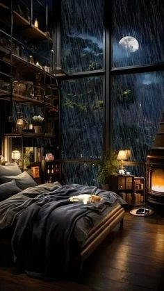 a bed sitting in a bedroom under a window next to a night sky filled with stars