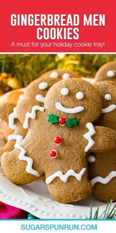 gingerbread men cookies on a white plate with text overlay